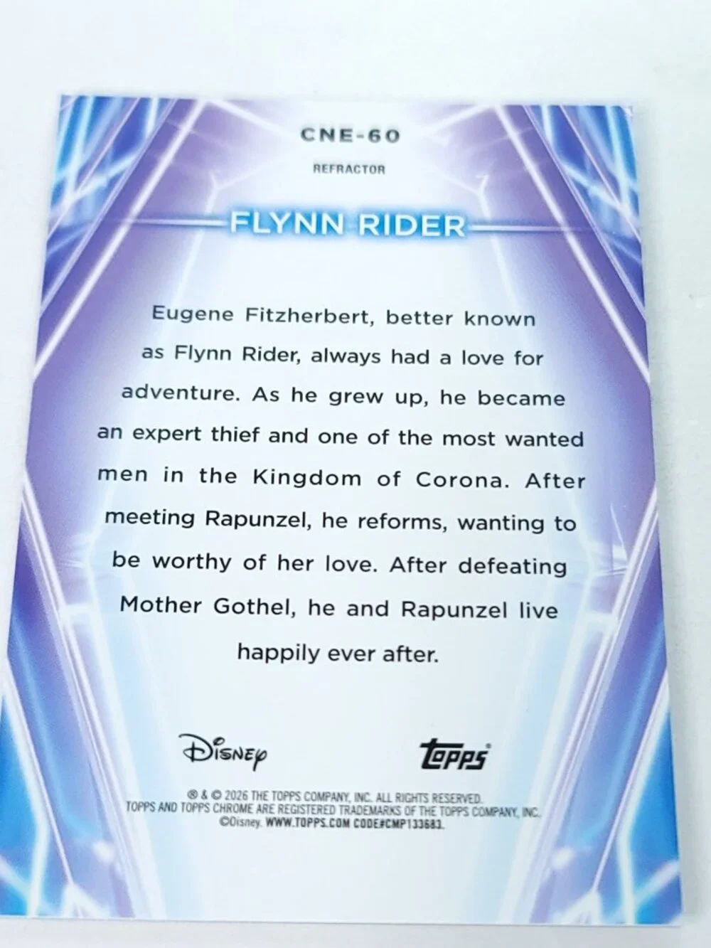 Flynn Rider Topps 2026 Disney Neon Holo Chrome Limited 135/199 CNE Small Mark